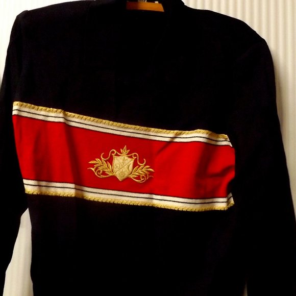 SMALL, PULLOVER NAVY SWEATER WITH RED AND A GOLD CREST ON THE FRONT - Picture 4 of 4